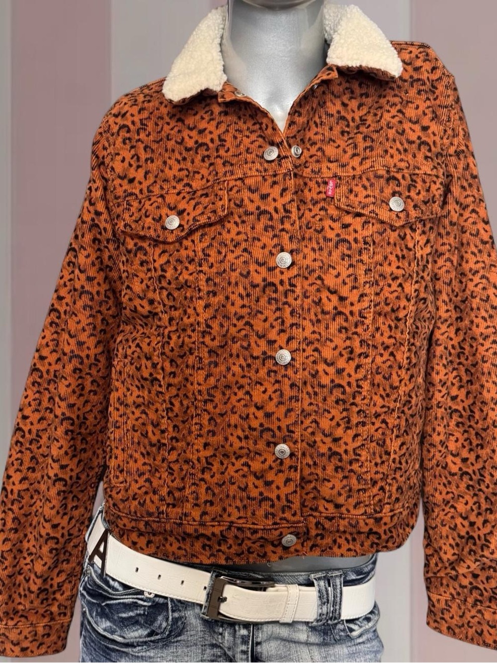 Levi's Orange Leopard Corduroy Jacket with Cream Sherpa Collar